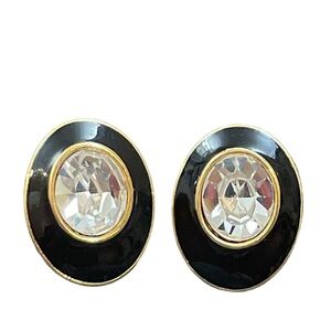 Trifari Vintage Rhinestone Earrings Enamel Oval Stud Crystal Pierced Gold